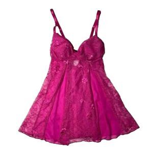 Fredericks Of Hollywood Women's Lace Babydoll‎ Slip Dress Medium Fuchsia Pink